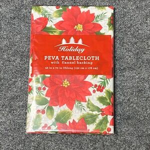 Holiday Poinsettia PEVA Tablecloth Flannel Backing 52 x 70 Oblong‎ Christmas NEW